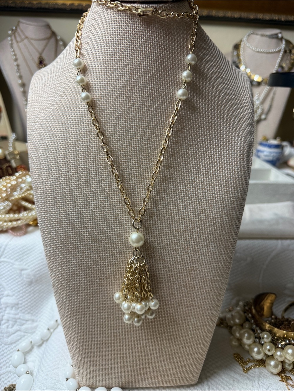 Vintage Hong Kong Gold Pearl Tassel Necklace